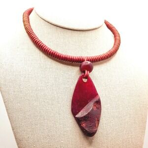 Burgundy Oxblood Carved Resin Choker Coil Cord Necklace Artisan Crafted Pendant